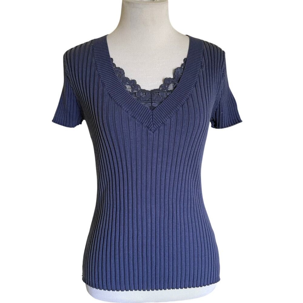 August Silk Y2K Style Navy Ribbed Lace Inset Silk Blend V Neck Top M